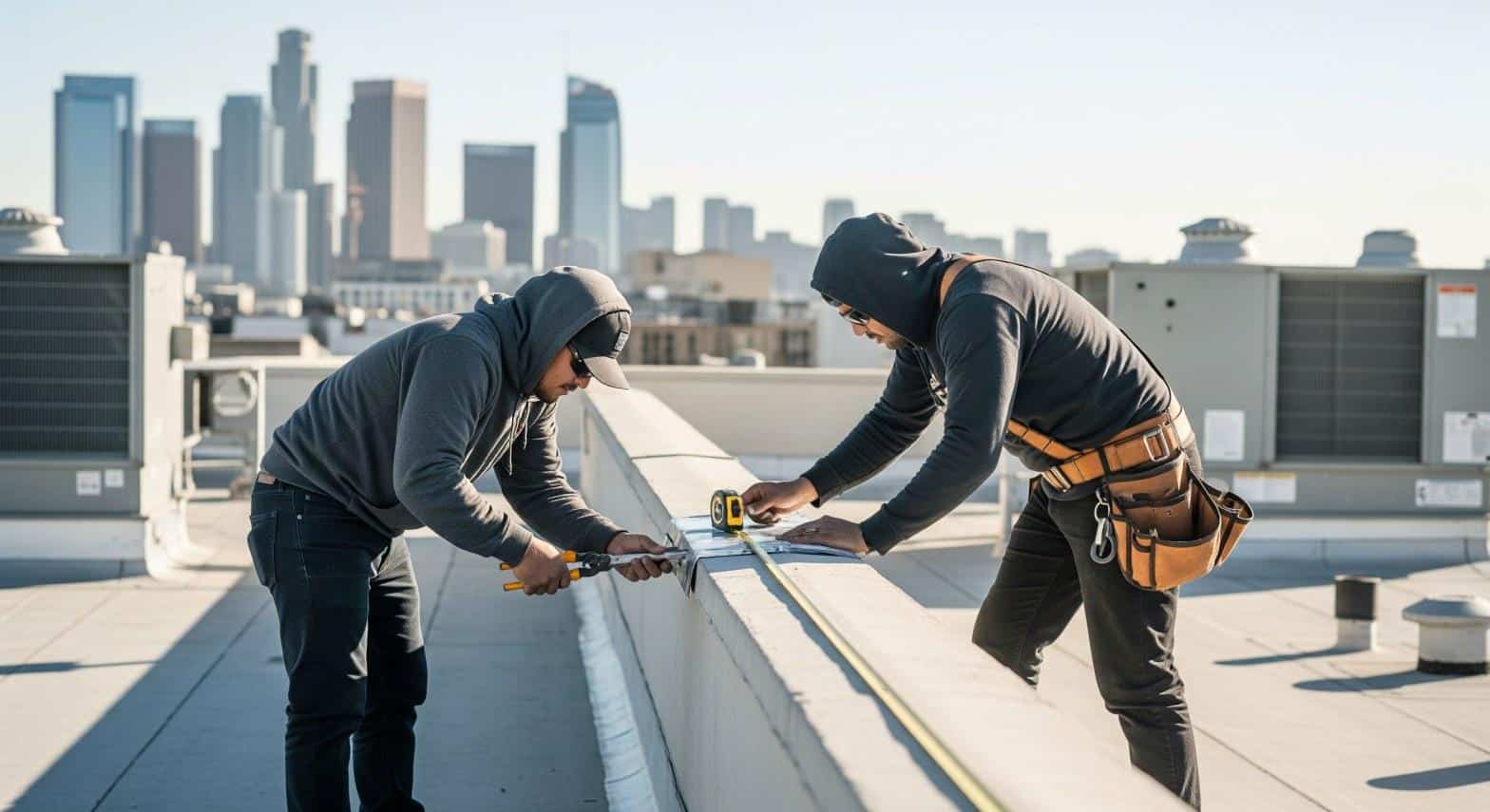 Roofing crew cutting and fitting metal flashing along a parapet wall on a flat roof in Los Angeles, CA