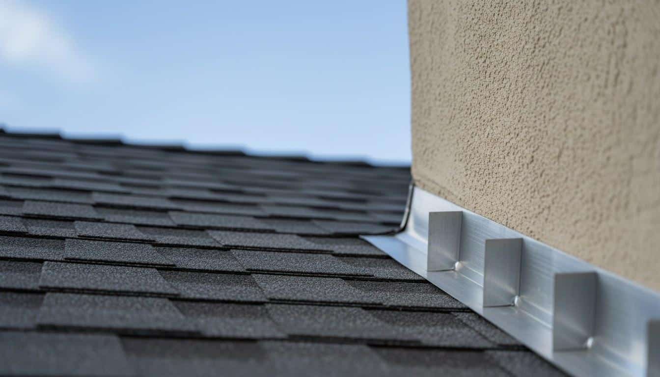 Close-up of aluminum step flashing installed at a roof-to-wall junction on a Los Angeles home