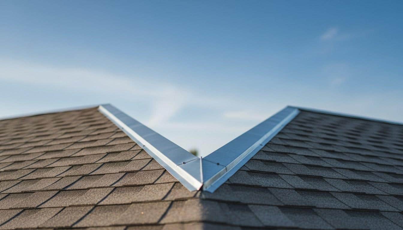 Open metal valley flashing installed between two roof planes on a California residential roof