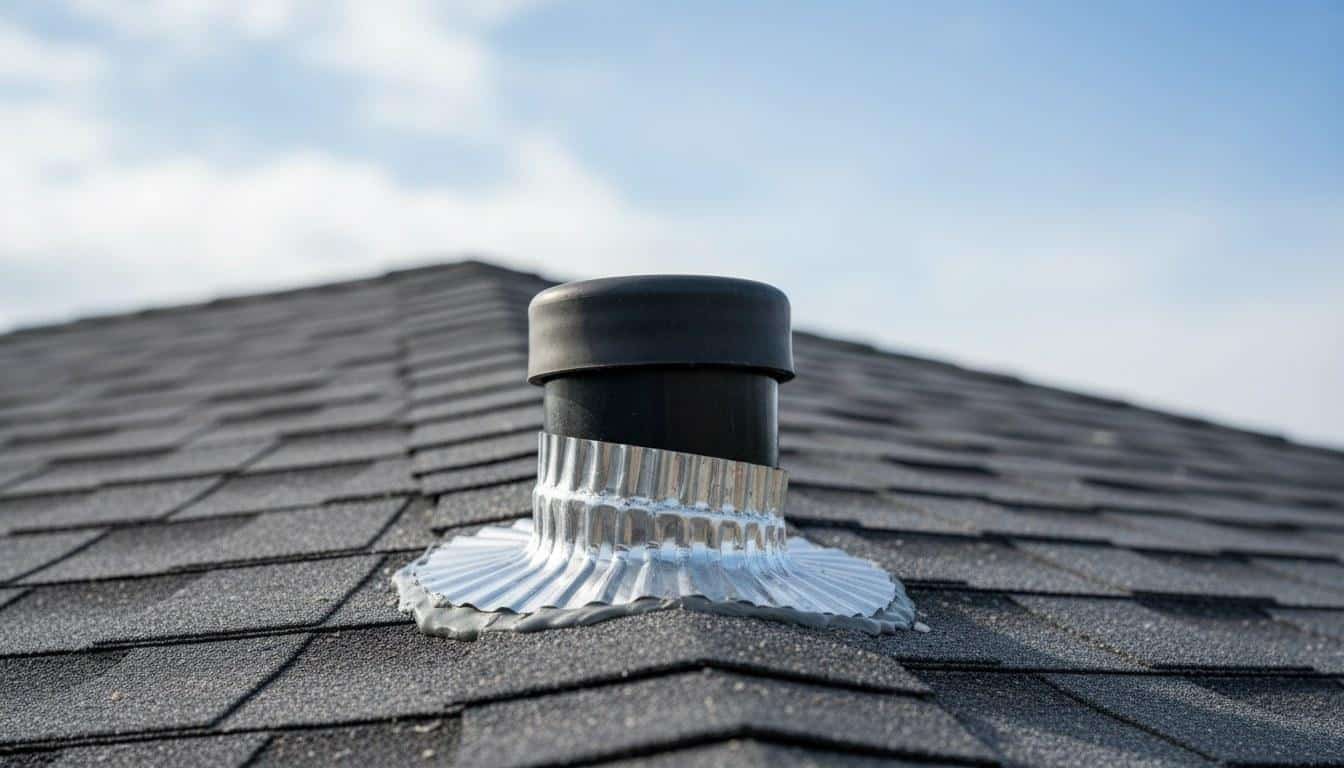 Lead pipe boot flashing sealed around a vent stack on a residential roof in Southern California