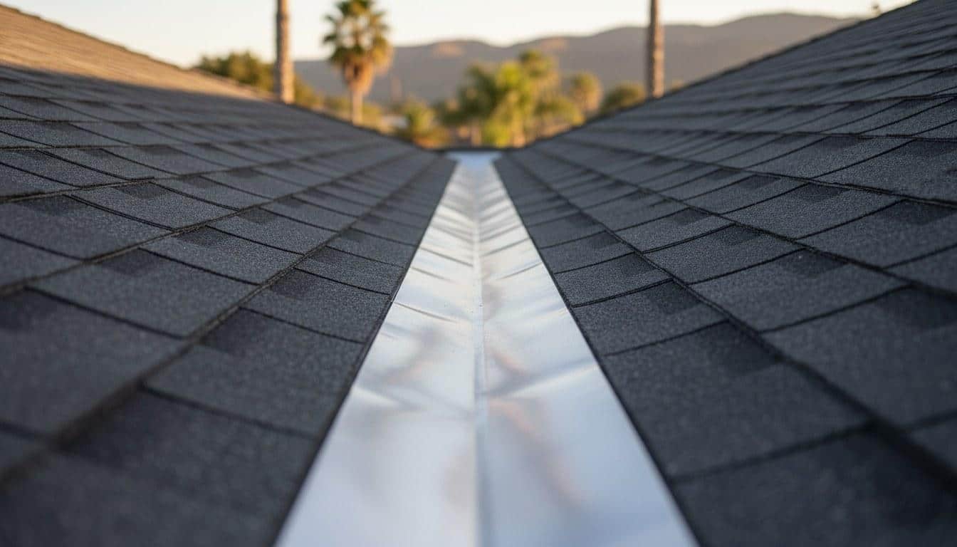 Open valley flashing installed between two roof planes on a California home
