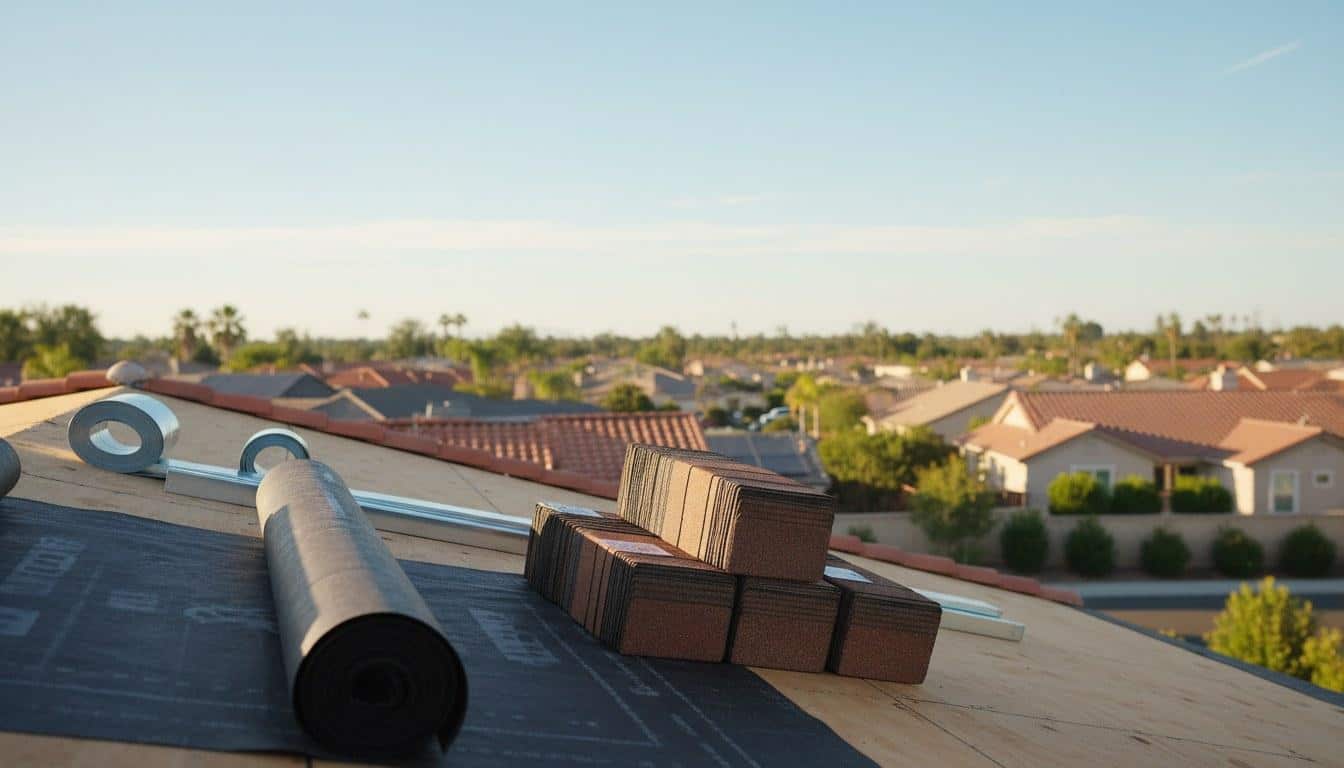 Roofing materials including flashing and shingles staged on a California home roof before repair