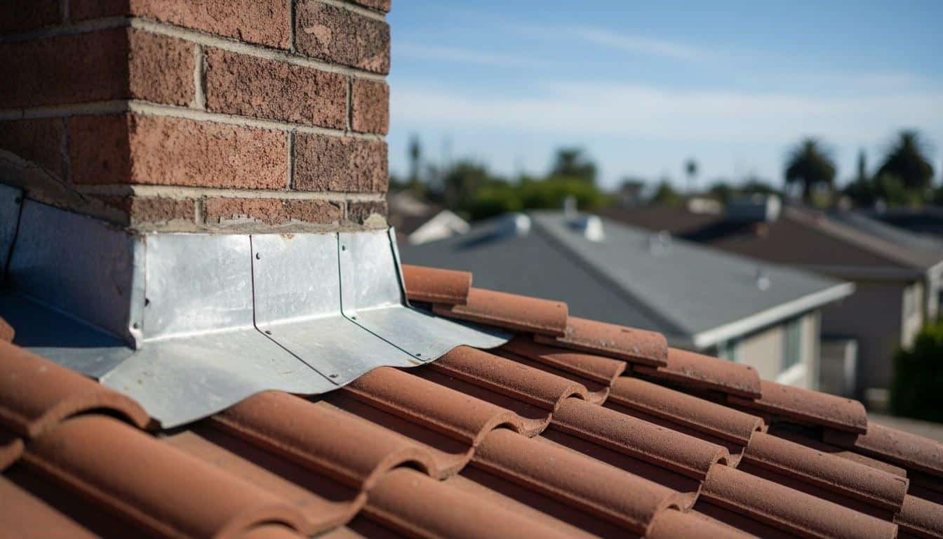 Metal step flashing along a chimney base on a clay tile roof in Los Angeles, CA
