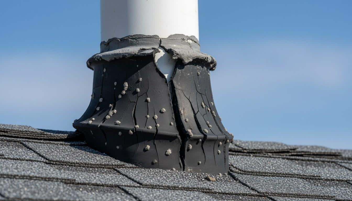Cracked pipe boot flashing around a roof vent on an asphalt shingle roof in Los Angeles