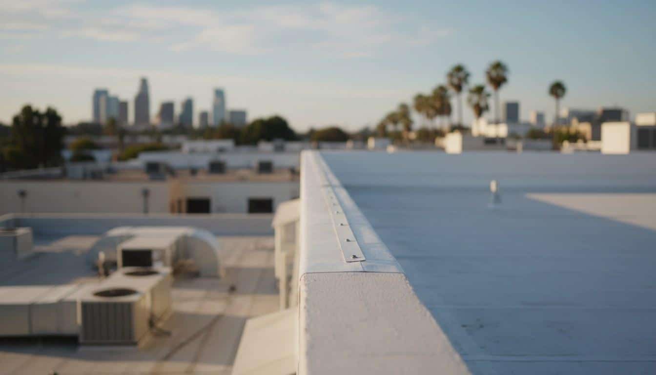 TPO flat roof flashing detail at a parapet wall on a commercial building in Los Angeles, CA