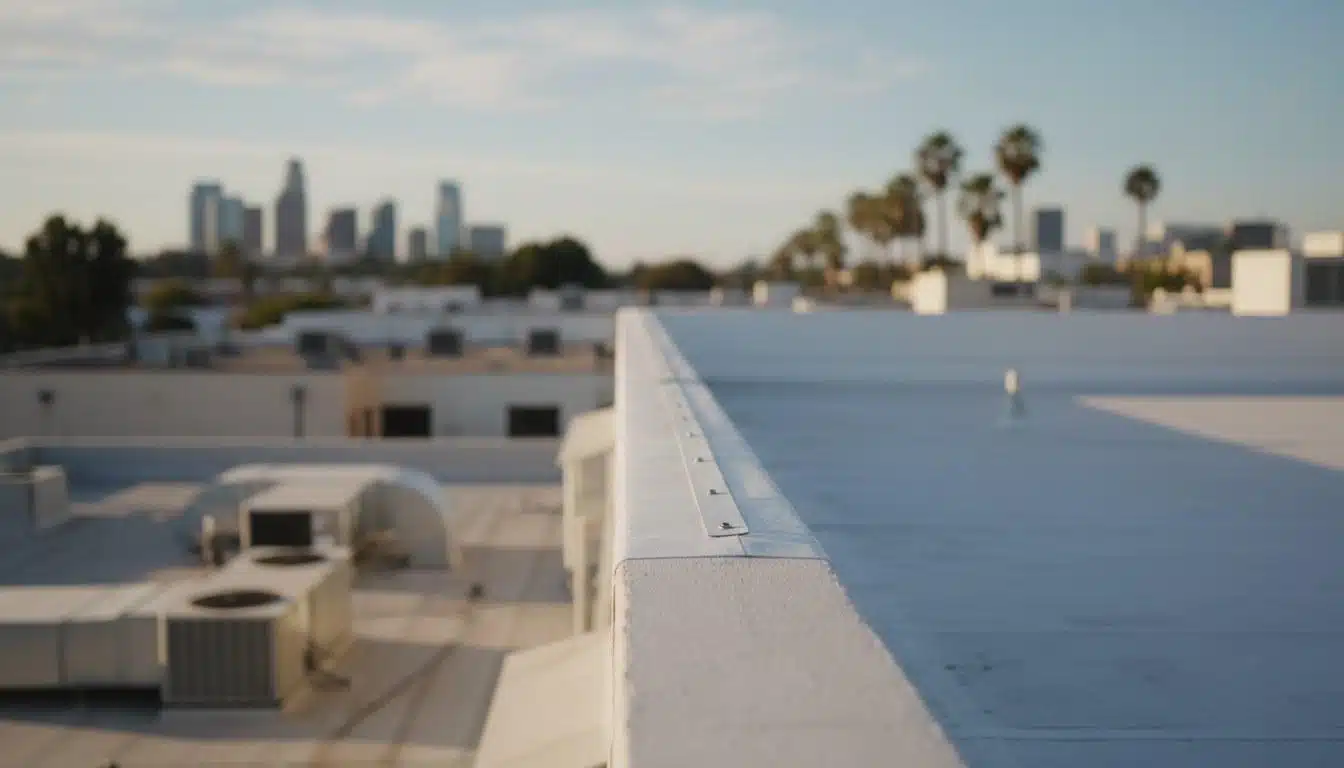 TPO flat roof flashing detail at a parapet wall on a commercial building in Southern California