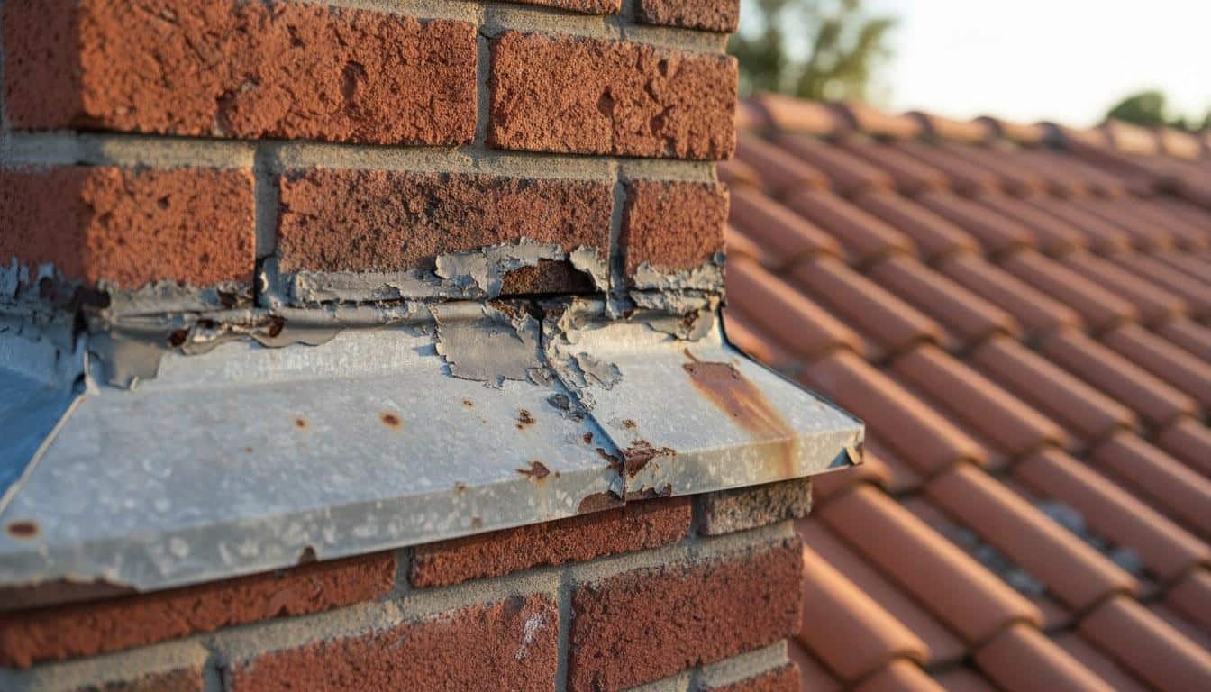 Deteriorated metal flashing at chimney base showing cracked sealant on a California residential roof