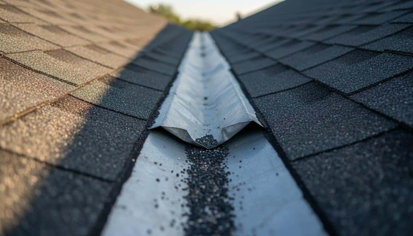 Lifted valley flashing on a residential roof showing separation and granule loss on asphalt shingles
