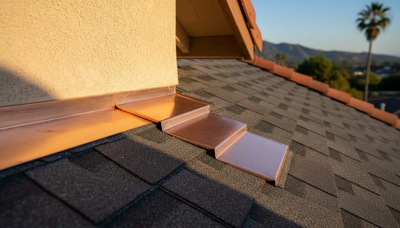 New copper step flashing installed along a dormer wall-roof junction on a Southern California home