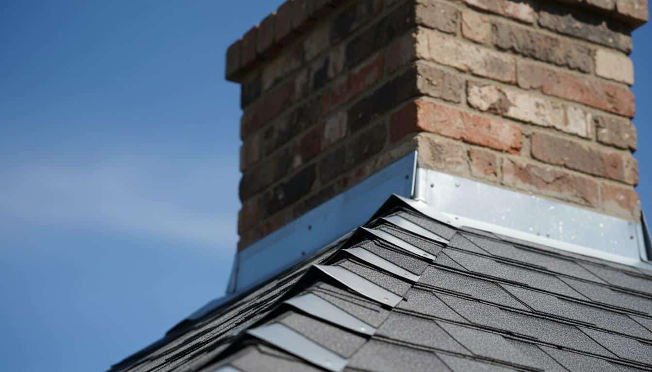 Step flashing and counter flashing at a chimney base on a residential roof in Southern California