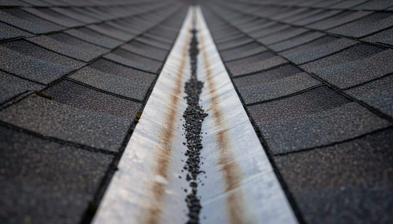 Open valley metal flashing on a residential roof showing granule buildup and weathered edges