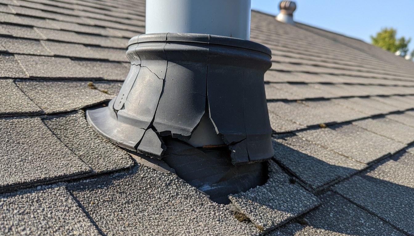 Cracked rubber vent pipe boot flashing on a Southern California residential roof showing visible split at the collar
