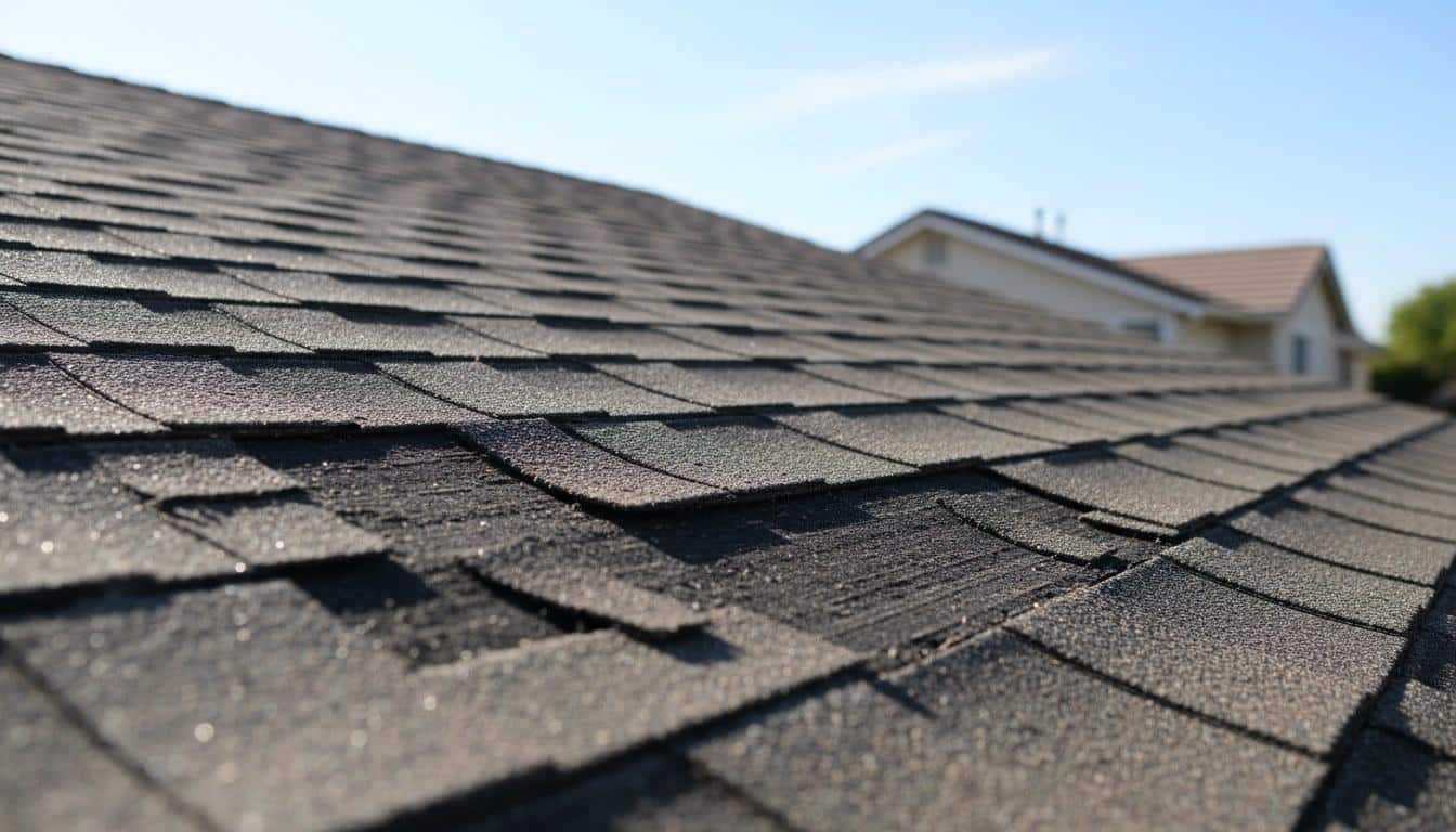Damaged asphalt shingles with curling and missing sections on a California residential roof
