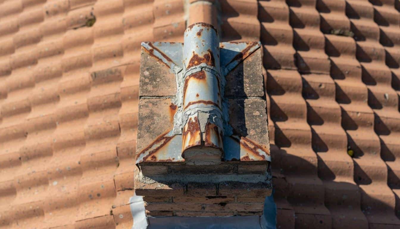Deteriorated and rusted roof flashing around a chimney on a California tile roof