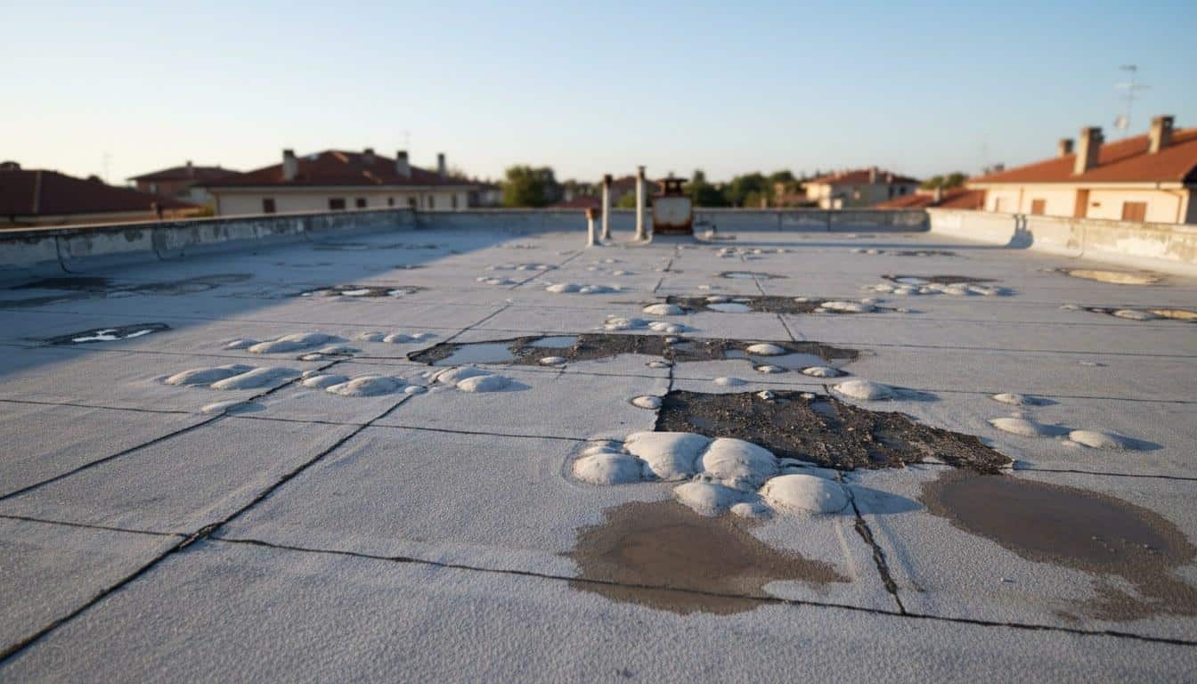 Blistered and cracked flat roof membrane surface showing water damage and prior patch repairs