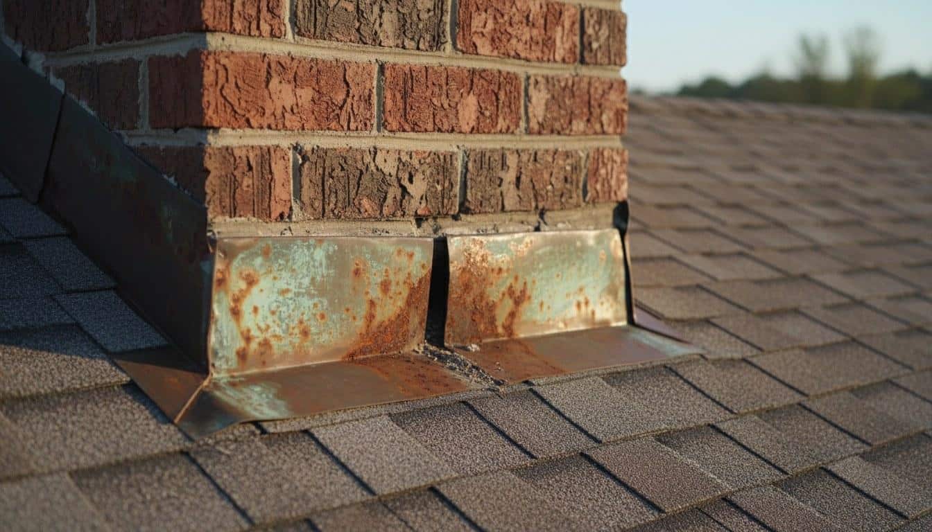 Corroded and lifted metal roof flashing at chimney base showing rust and gap on a California residential roof