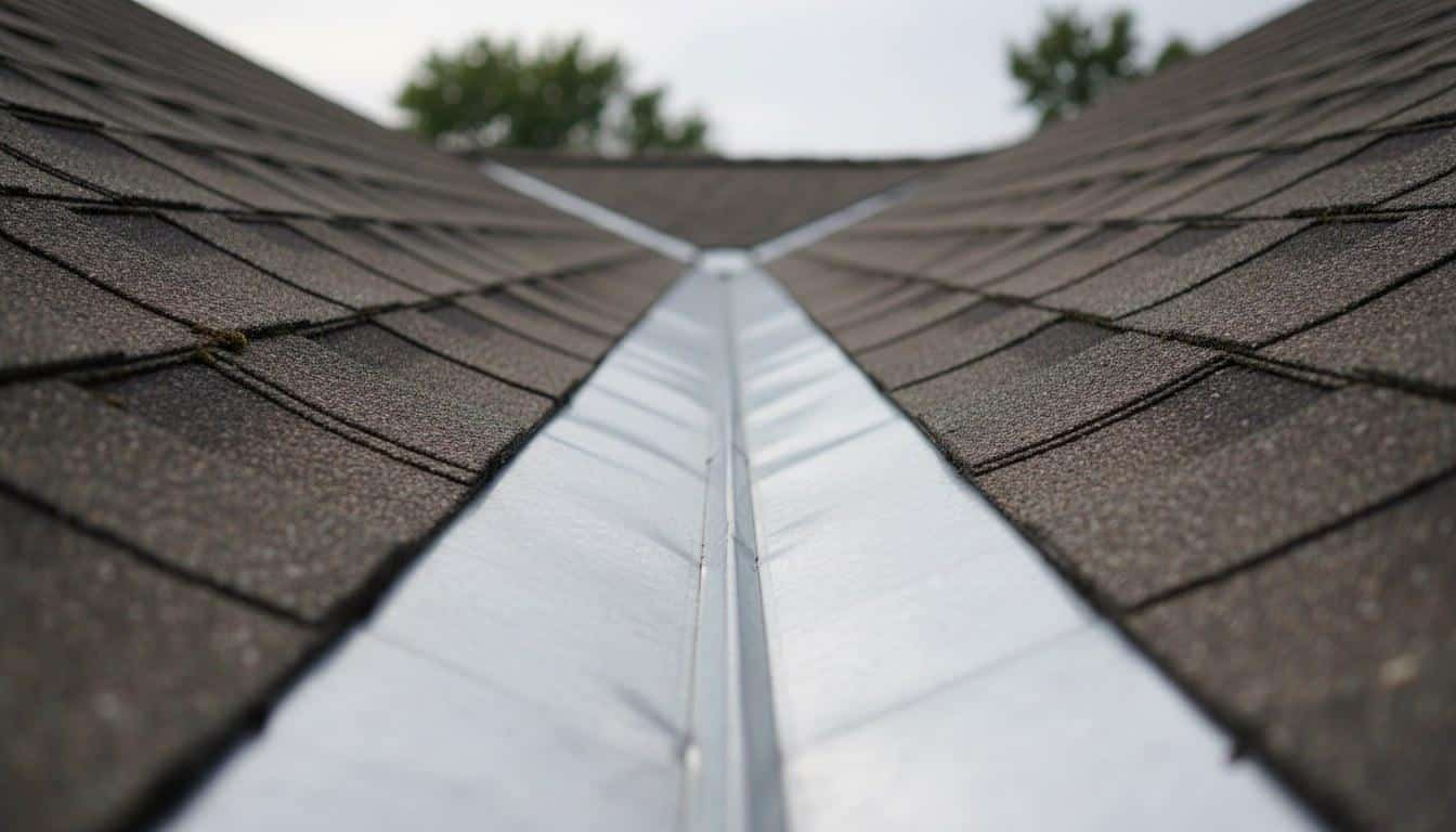 Metal valley flashing installed between two roof planes on a California home showing the full length of the flashing strip