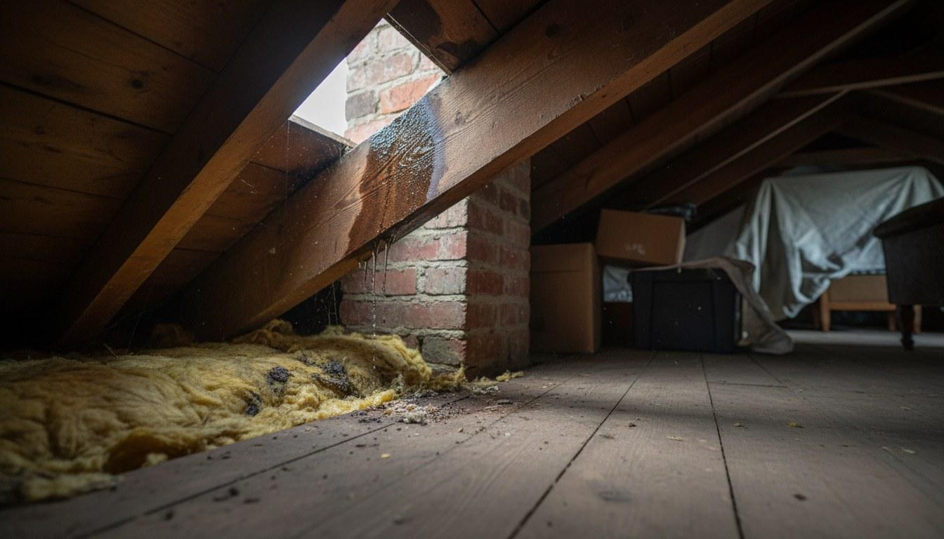 Water stain and moisture damage on attic rafter near a roof penetration caused by failed roof flashing