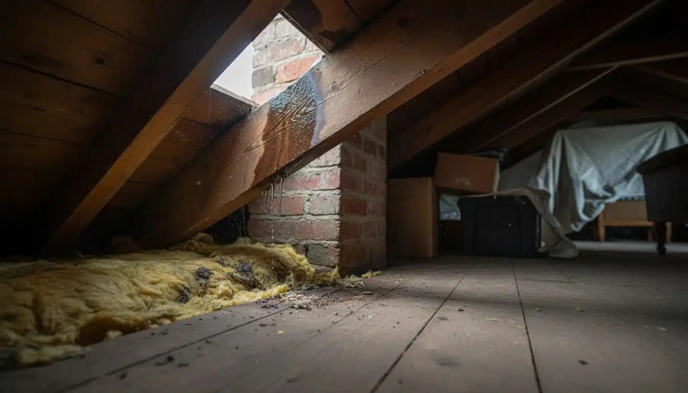 Water stain and moisture damage on attic rafter near a roof penetration caused by failed roof flashing