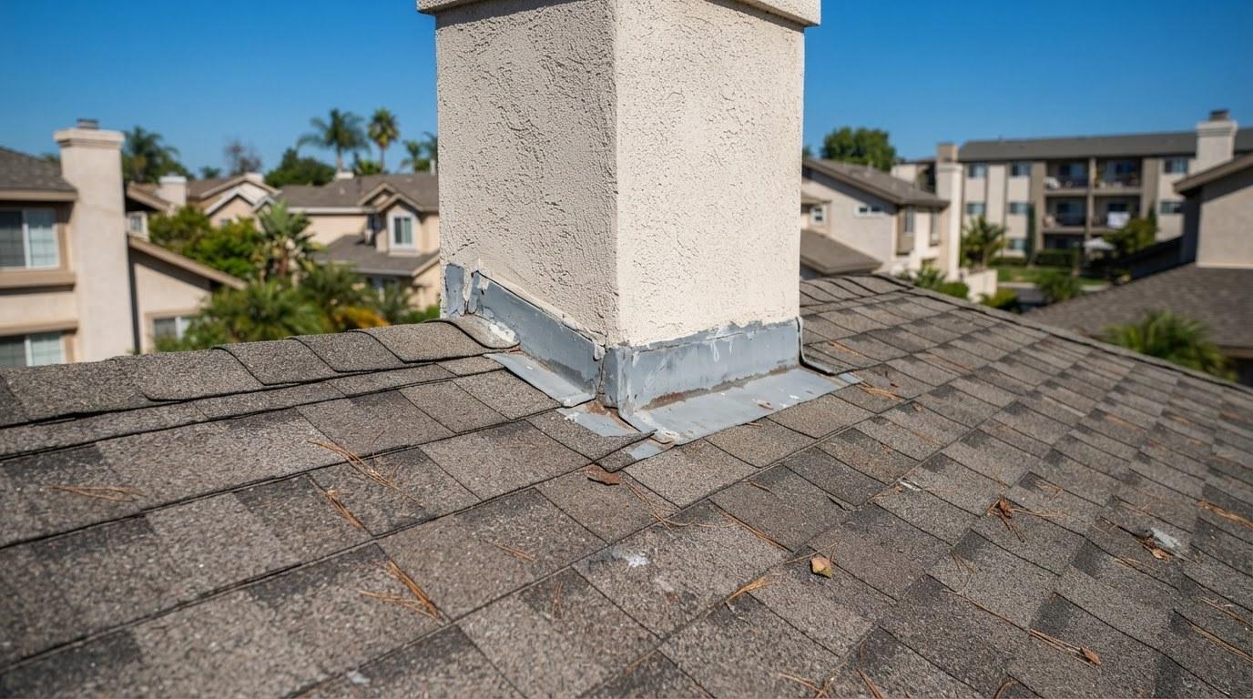 California residential roof with asphalt shingles and chimney flashing detail in summer sunlight