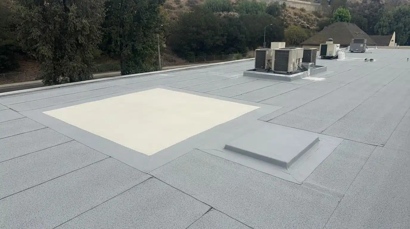 Completed metal roof repair work at Roof Repair & Construction Inc.